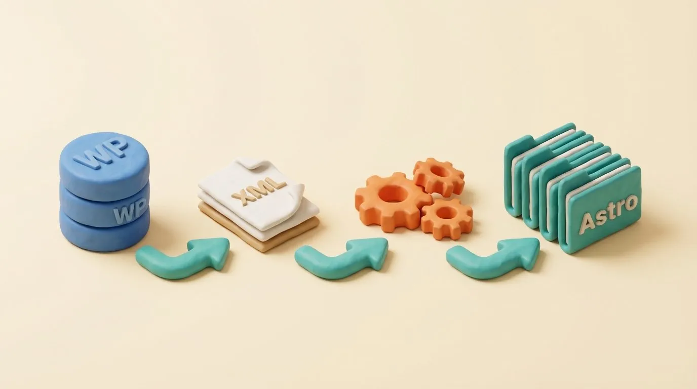 WordPress to Astro migration flow showing database, XML export, conversion, and folder structure