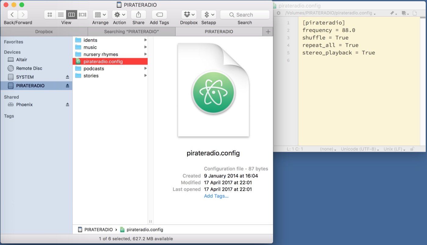 The pirateradio.config file — frequency 88.0, shuffle on, repeat all