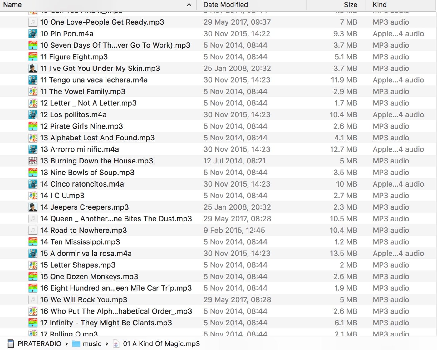 The playlist on the PIRATERADIO SD card