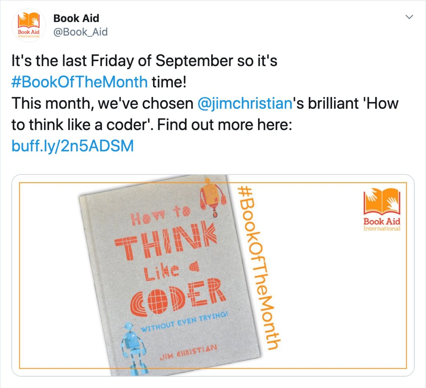 Book Aid International selects How to Think Like a Coder as Book of the Month