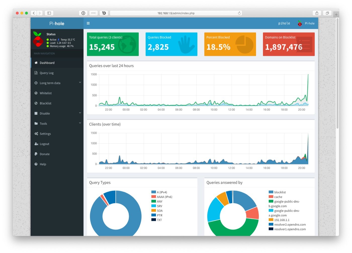 Pi-Hole query log showing DNS requests across the home network