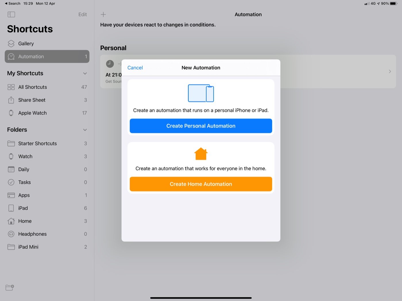 Shortcuts automation step 1
