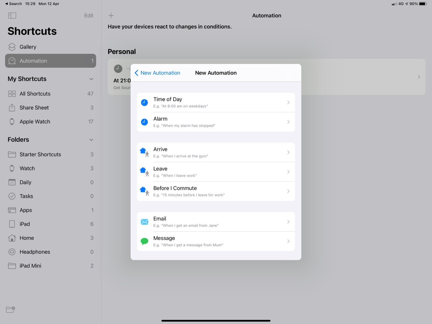 Shortcuts automation step 2