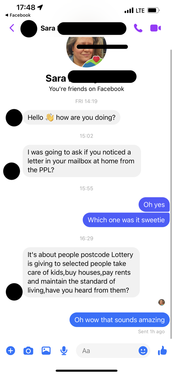 The scammer opens with the lottery pitch