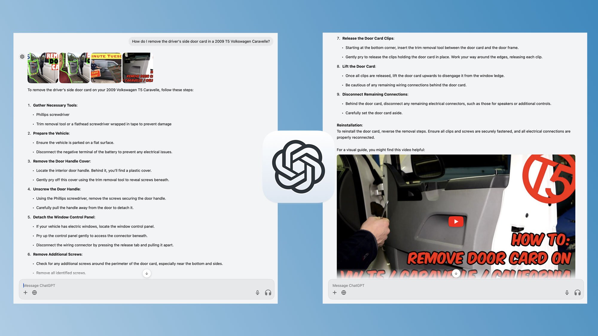  ChatGPT provides video resources, and more generic instructions without citing sources. 
