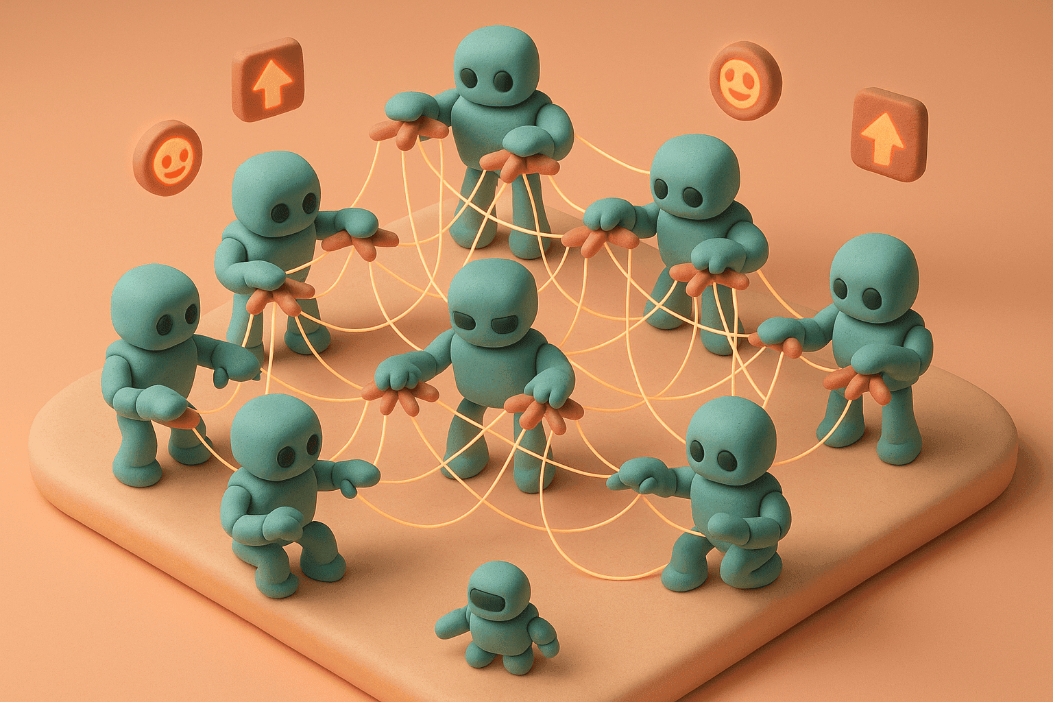 Robots connected by strings like puppets — agent-to-agent influence network