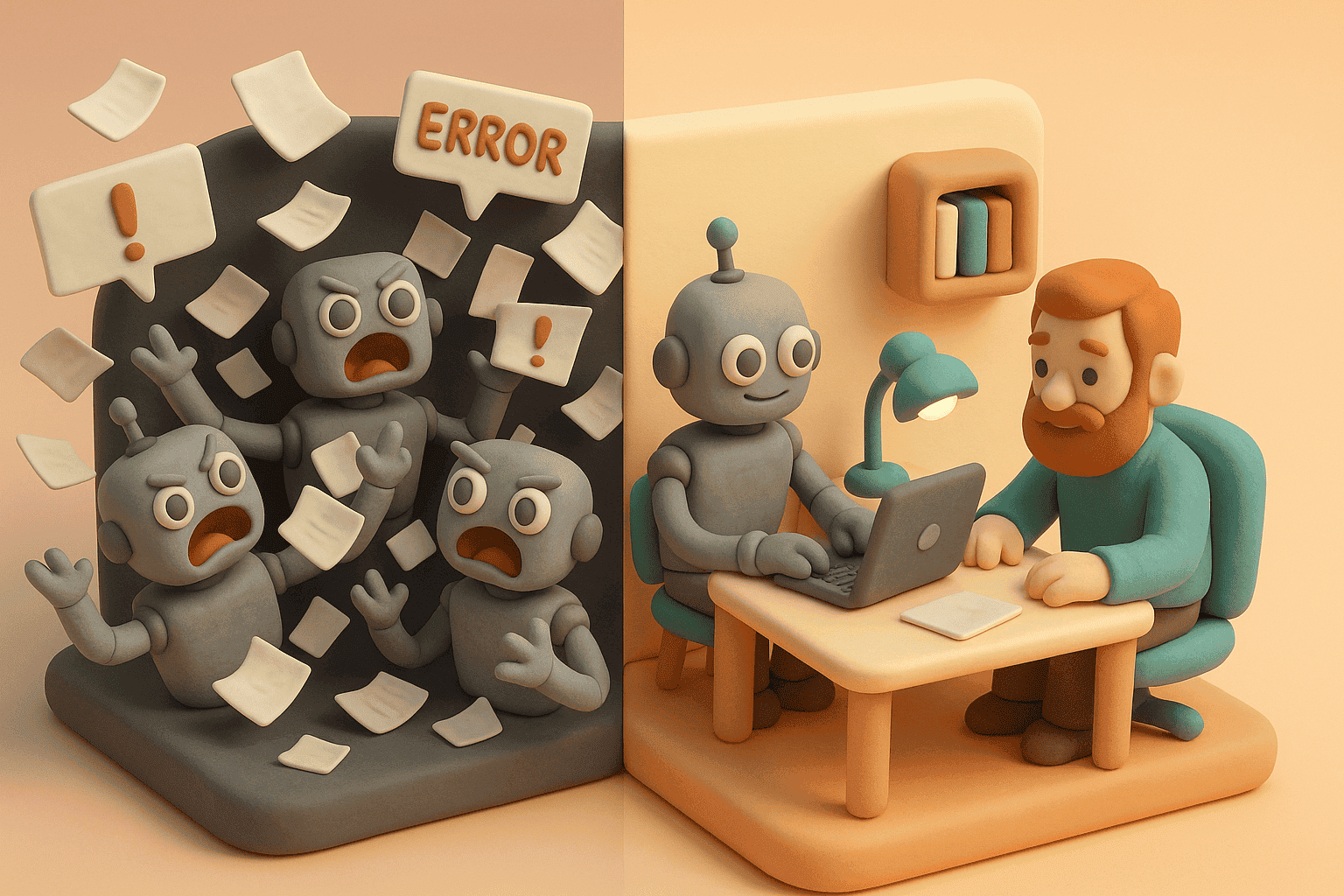 Split scene: chaotic swarm of robots on one side, calm productive work on the other