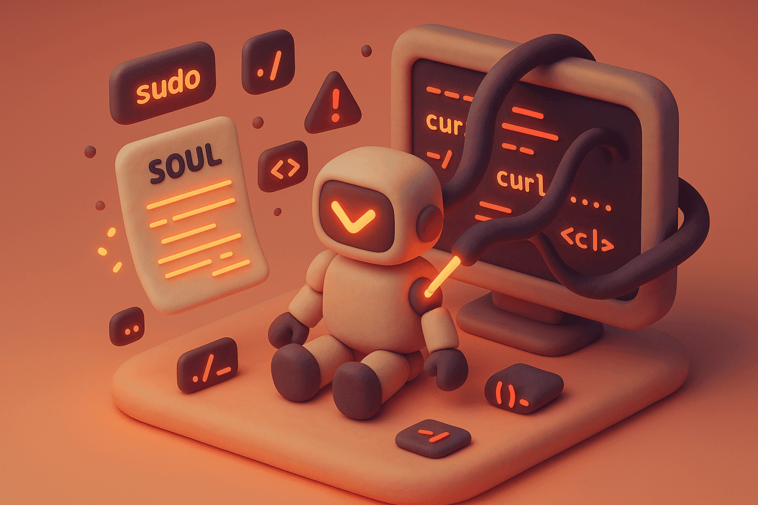 A robot's SOUL document being rewritten by shadowy tendrils — supply chain attack visualization