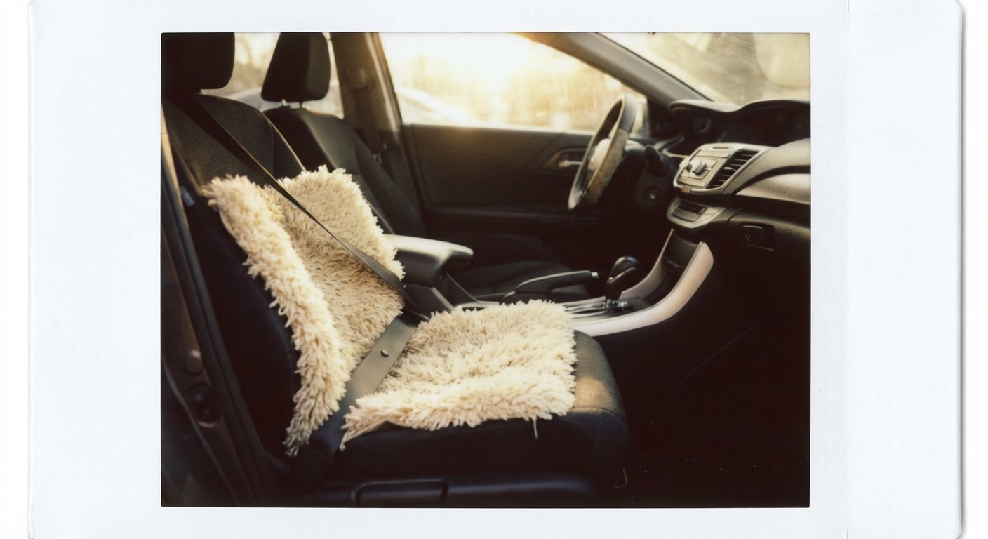 A fluffy shagpile carpet buckled into a car seat
