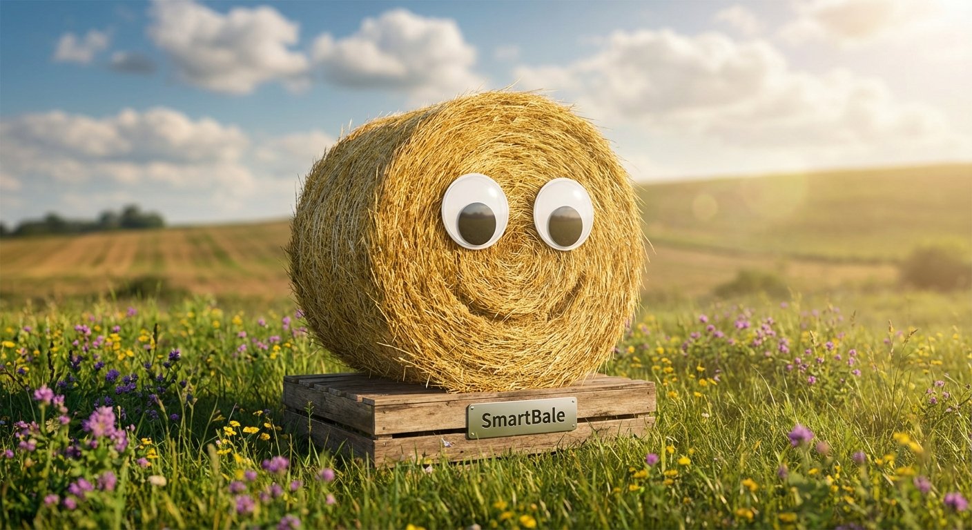 A hay bale with googly eyes sitting in a sunny field on a wooden crate