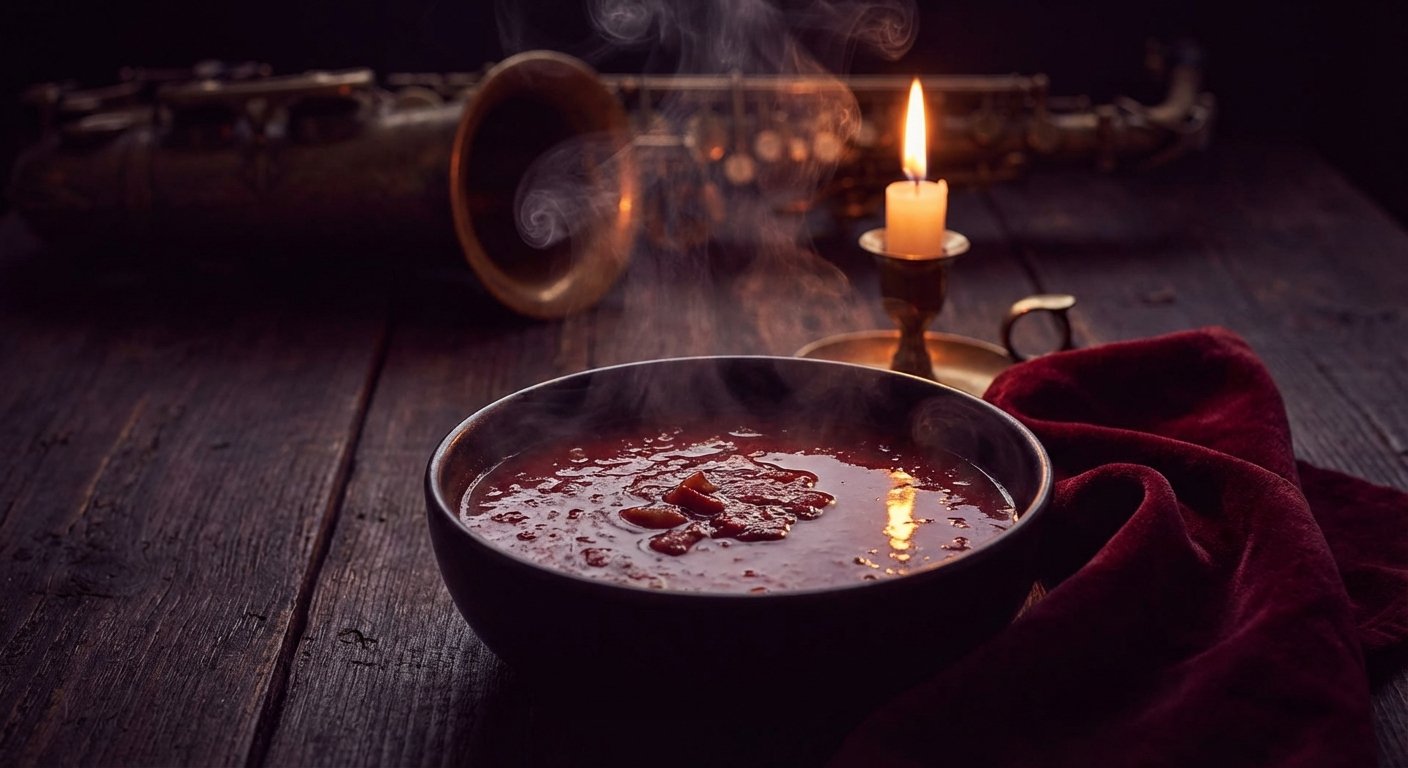 A bowl of soup dramatically lit by candlelight with a saxophone in the background shadows