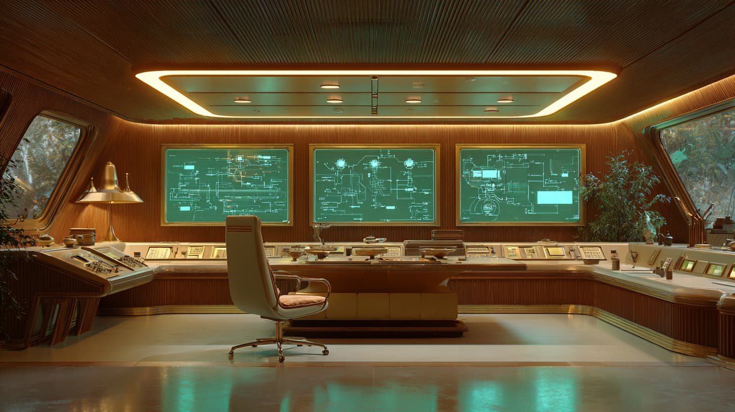Retro-futuristic control room with green screens